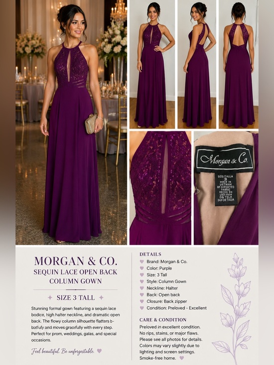 Morgan & Co. Dresses & Skirts - Morgan & Co. Purple Sequin Lace Open Back Formal Gown Size 3 Tall